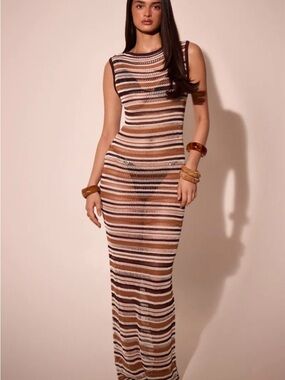Sleeveless Striped Knit Maxi Dress in Brown and Cream